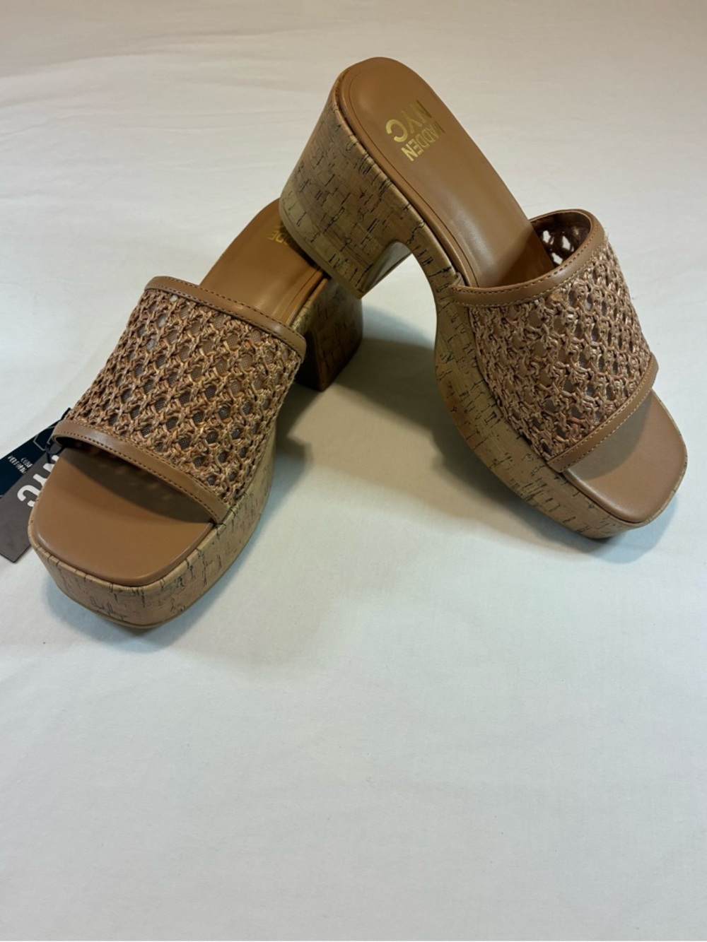 Woven Cork-Platform Slide Mules in Tan